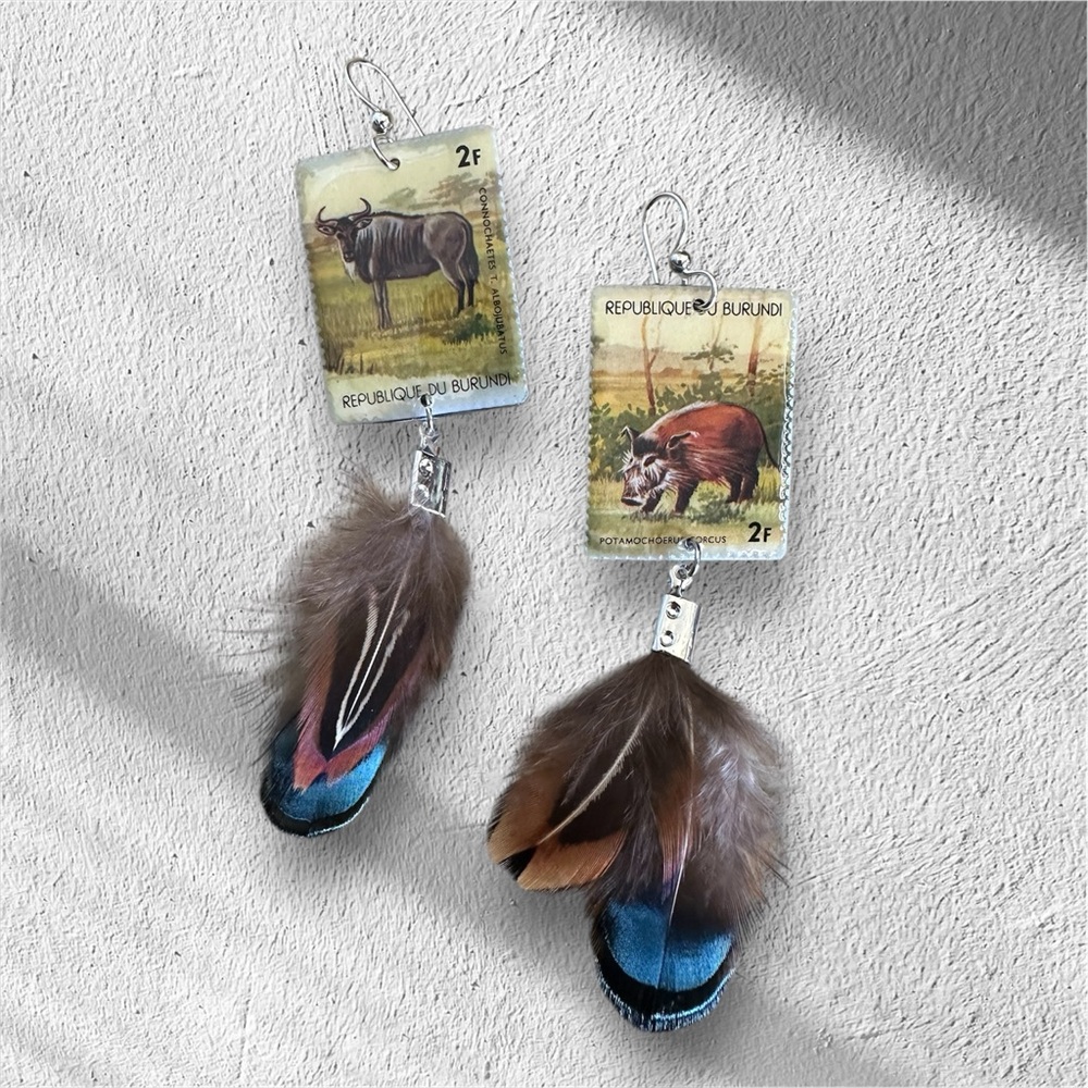 Vintage postage stamps Burundi Gnu Red River hog earrings Sterling wires OOAK